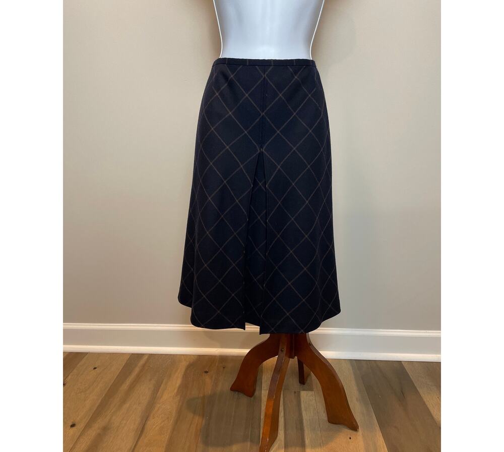 Talbots Navy Wool Skirt Brown Diamond Pattern Fully Lined Made in USA Size 10